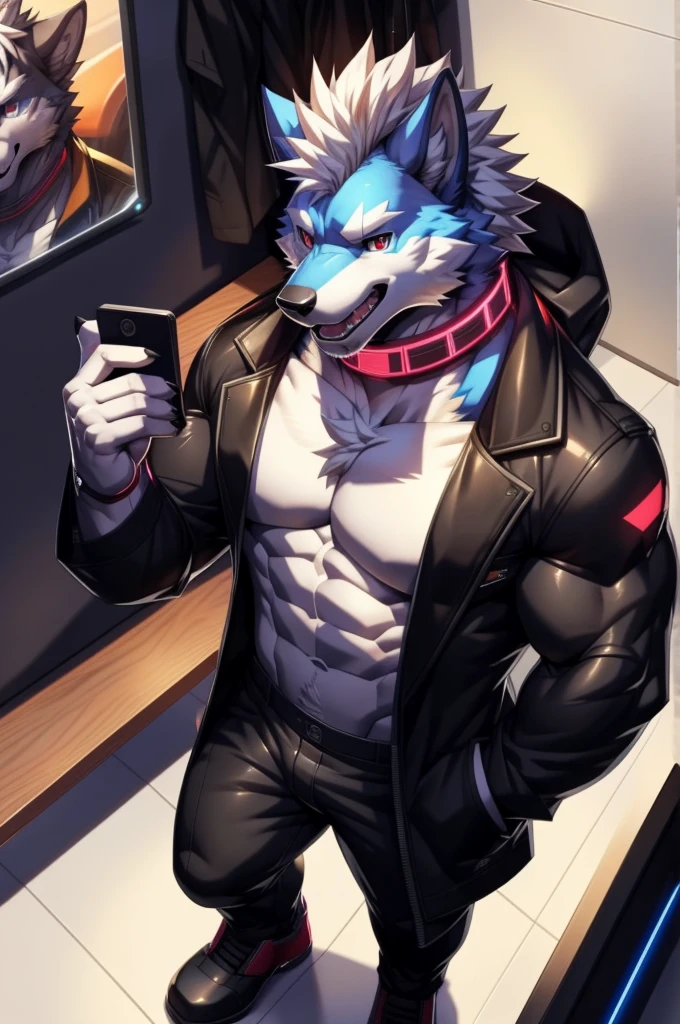 solo, anthro, furry, furry male, wolf, ((fluffy fur, fluffy, furry body)), (wolf print), red eyes, hair tuft, long hair, (light blue body, blue body, muscles), wolf tail, ((white hair, mohawk hair)), (white muzzle, white forearms), Camera Recording POV, Camera POV, security footage pov, phone in hand, detailed fluffy fur, detailed face, detailed eyes, puffy arctic coat, black coat, black coat cropped, puffy coat, winter coat, cropped coat, sunglasses, aviator sunglasses, black trousers, gold earring, tight clothes, white shoes, black aviator sunglasses, smaller arms (full body, round ass, fluffy ass, Red LED glowing collar), cyberpunk, valorant,(by DRKS, by raccoon21, by Sollyz, by null-ghost, masterpiece, high quality,hi res,8k hd), close-view portrait, looking at viewer, indoors, changing room, clothing store, cute face, open mouth, teeth, detailed teeth, grinning expression, camera view angled from above, heavy shadows, athletic build, full body,
