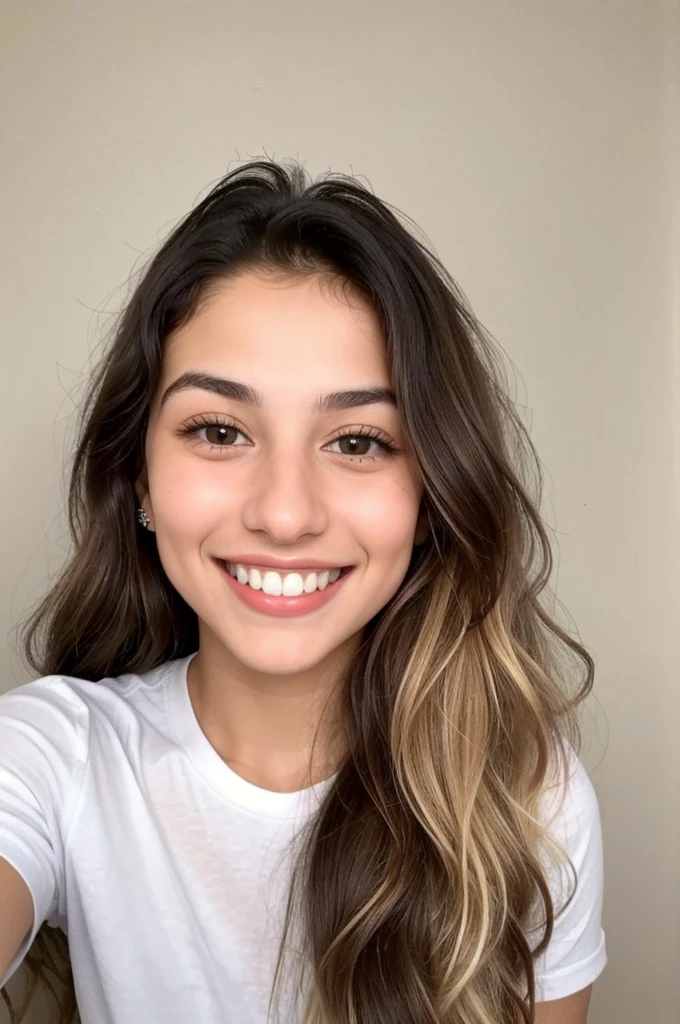 24YO, small nose, one attractive Jordanian women, light neon shirt, cute smile, cute face, white teethes, skinny face, light brown eyes, black/blonde long hair
