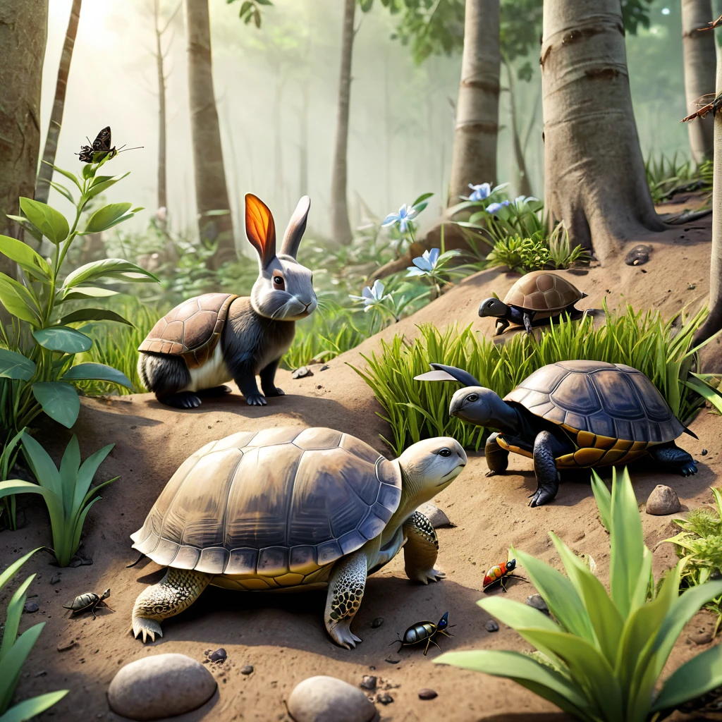 In a wilderness, you can see rabbits and turtles, ants and other animals gathering, 3D rendering, photo realistic