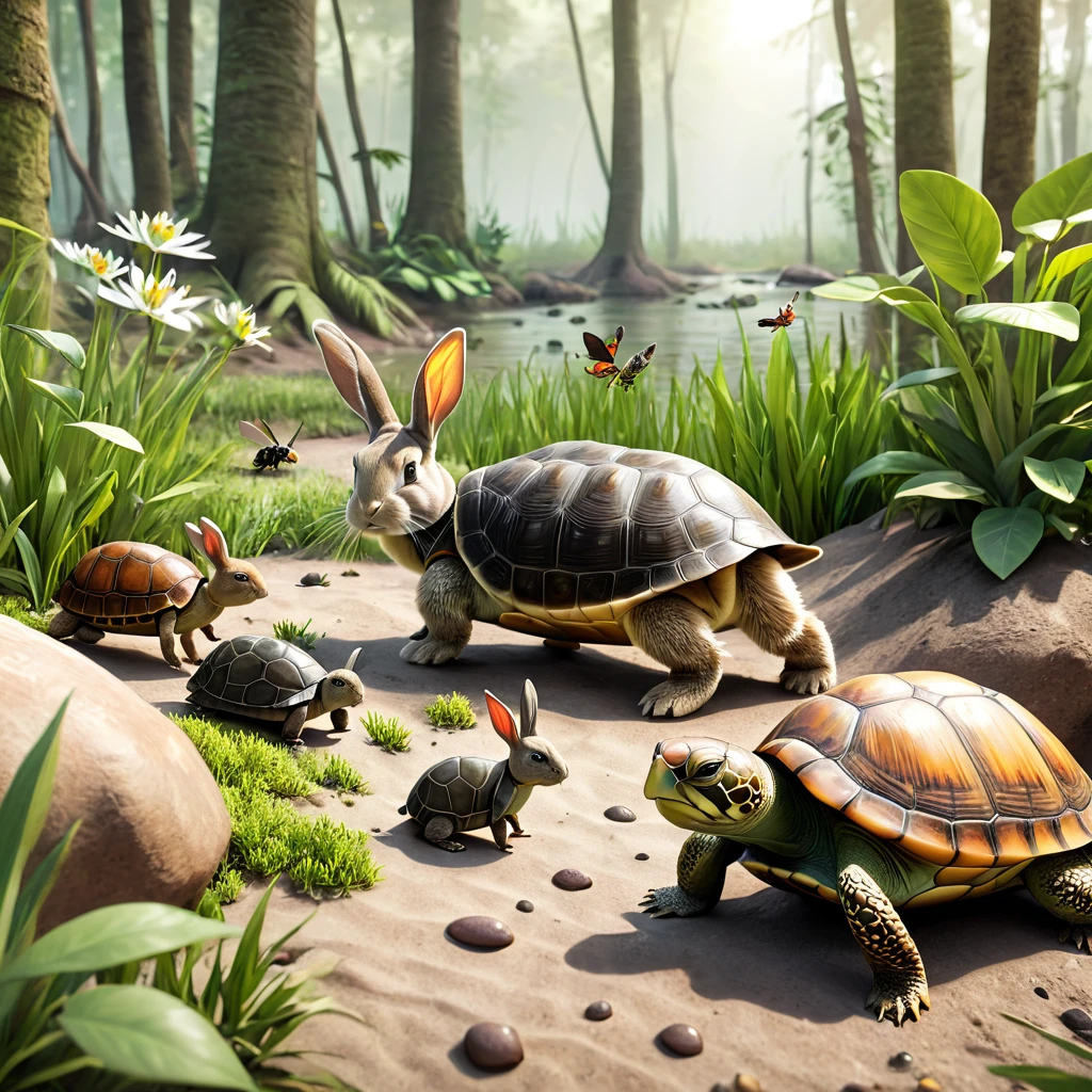In a wilderness, you can see rabbits and turtles, ants and other animals gathering, 3D rendering, photo realistic