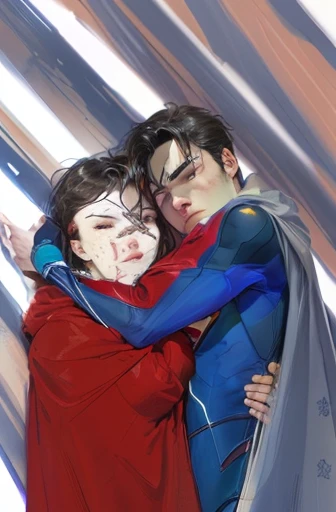 arafed drawing of a man and woman hugging each other, saving the day again, fan art, his cape is the american flag, rotoscoped, Fanart ", digitally colored, fanart, hug, by Shingei, hugging, inspired by Oswaldo Viteri, arm around her neck, epic feels, by Felix-Kelly, superman, emotional picture