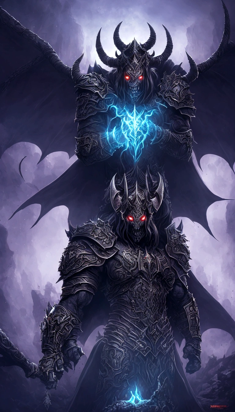 a powerful demon king, muscular male figure, horns, glowing red eyes, sharp fangs, black armor, dark cape, menacing expression, dark fantasy, cinematic lighting, dramatic shadows, highly detailed, digital painting, concept art, cinematic, moody color palette, gritty, photorealistic, 8k, best quality, masterpiece