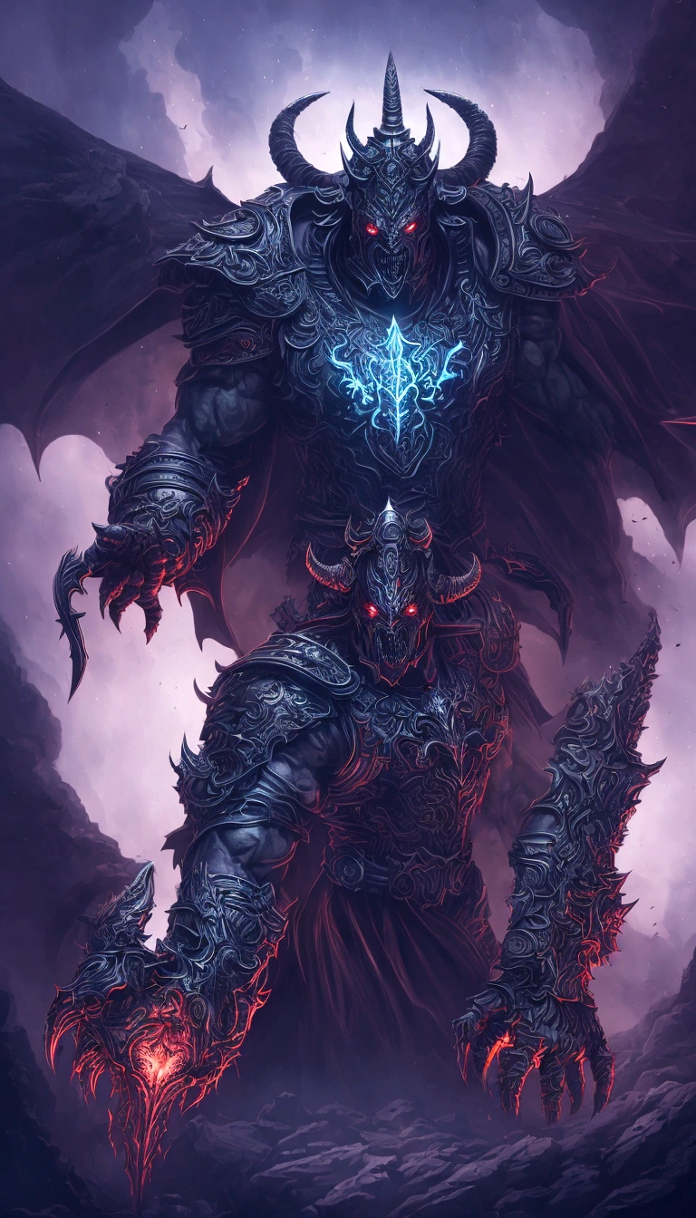 a powerful demon king, muscular male figure, horns, glowing red eyes, sharp fangs, black armor, dark cape, menacing expression, dark fantasy, cinematic lighting, dramatic shadows, highly detailed, digital painting, concept art, cinematic, moody color palette, gritty, photorealistic, 8k, best quality, masterpiece