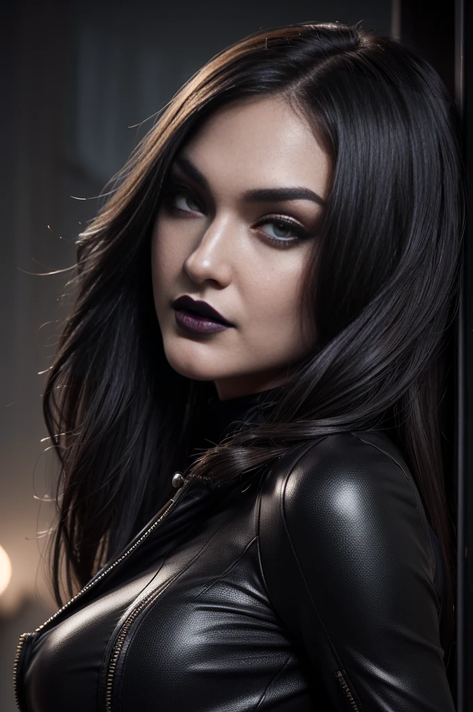 “best quality, masterpiece, ultra high res, (photorealistic:1.2), 1girl, (detailed face:1.2), (detailed eyes:1.2), (detailed hair:1.2), (detailed clothes:1.2), 4k, Black Widow costume as Sasha Grey, (large lips), (black lipstick), noir vibes, moonlight through the face, malicious smile