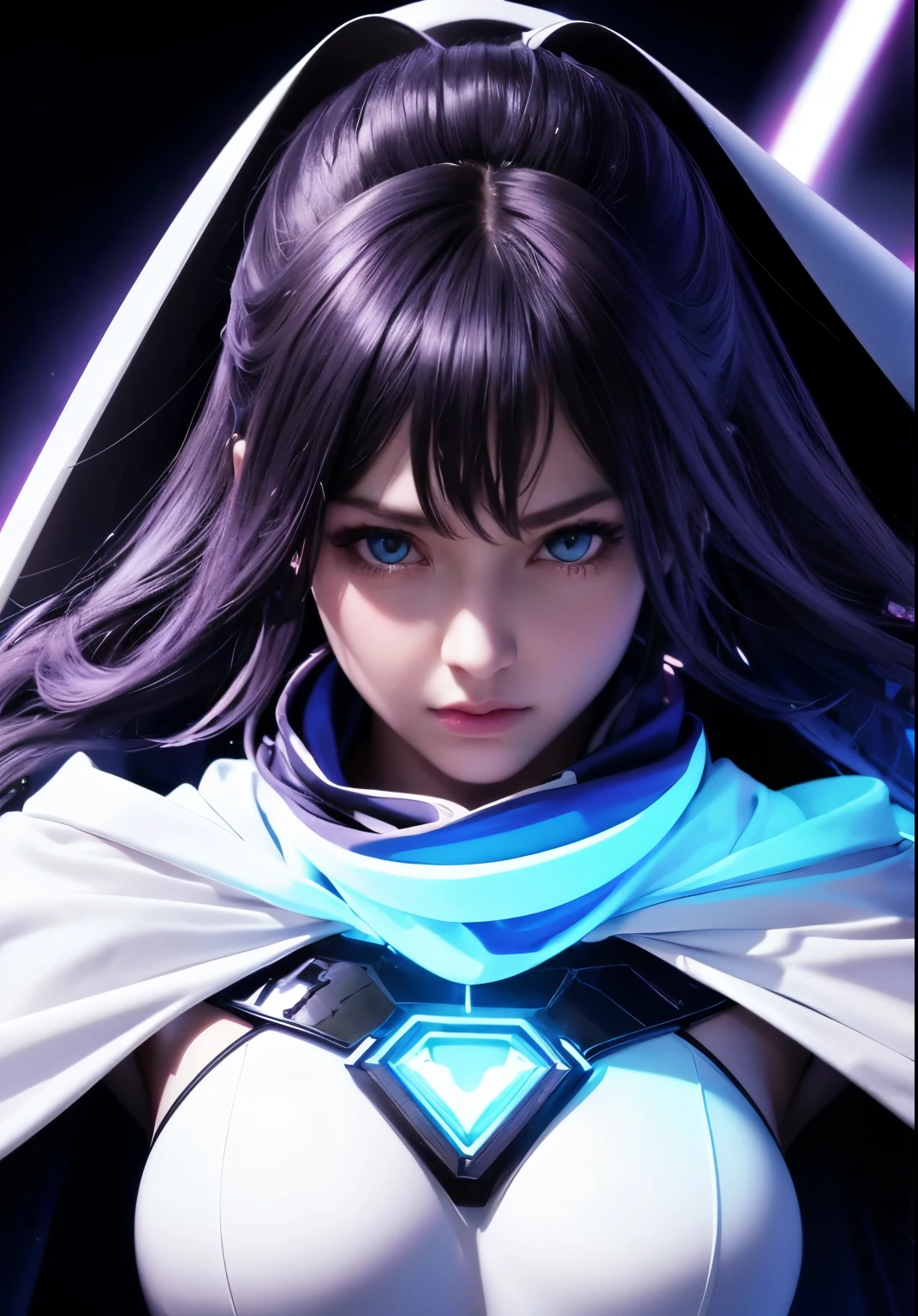 Waist up ((Extremely detailed asymmetric realistic masterpiece)) hyperrealistic masterpiece, Superhero girl ((in futuristic aesthetic style)) in extremely detailed tech plugsuit ((with scarf & white cape)), cinematic illumination: 8k, glowing, concept art, smooth, sharp focus, illustration