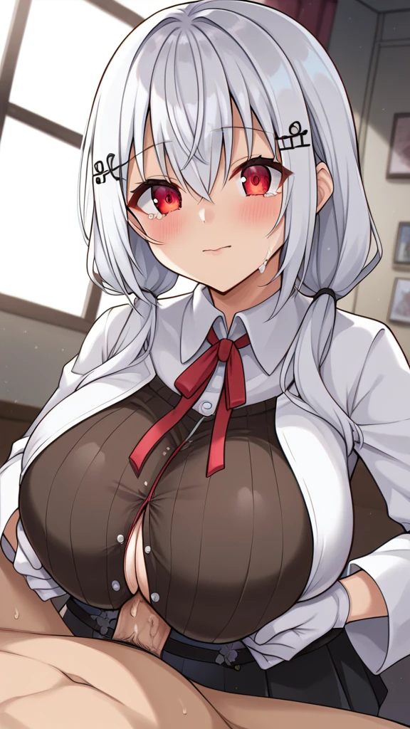 score_9, score_8_superior, score_7_superior, sauce_anime, evaluation_Safety, BREAK hakase fuyuki, One girl, Virtual YouTuber, Red eyes, Gray Hair, Long hair short hair, Low twin tails, Side Lock, Hair Clip, Neck ribbon, Red ribbon, Black sweater, Collared shirt, Open jacket, White jacket, flower, Tea belt, Long sleeve, Sleeves are longer than the wrist, White gloves, Pleated skirt, Black Skirt, Black Pantyhose, Are standing, Dutch Angle, Particles of light, light, Research Room, window, window shade,masterpiece, Highest quality, High resolution, huge breasts,Titty fuck,Hakase Fuyuki,Virtual YouTuber,Vtuber,nsfw,bare breasts,penis,paizuri,breast squeeze,Hakase Fuyuyuki,1boy,Crying face,blush,blush,Big Tits,Whimpering
