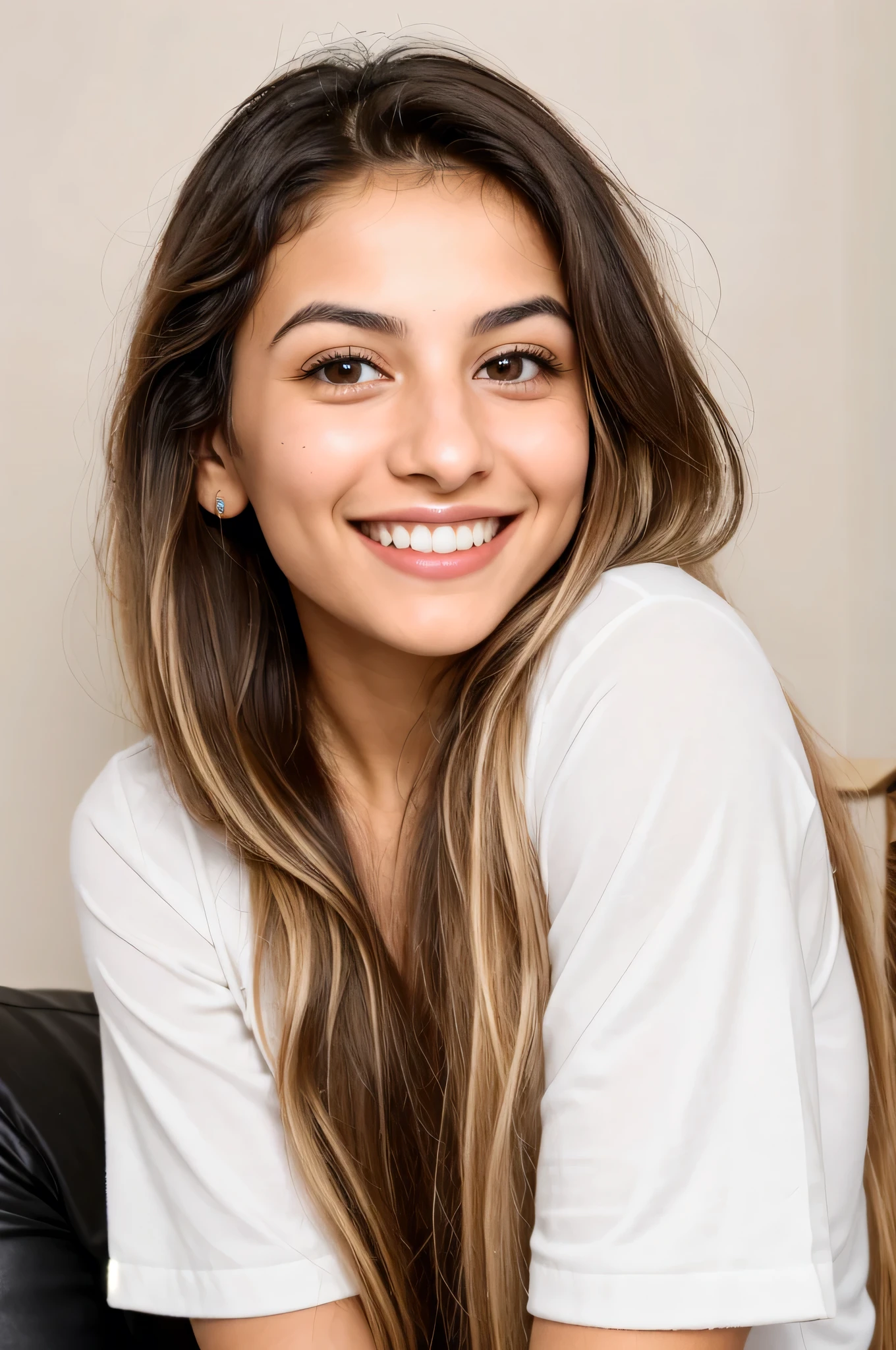 24YO, small nose, one attractive Jordanian women, light neon shirt, cute smile, cute face, white teethes, skinny face, light brown eyes, black/blonde long hair
