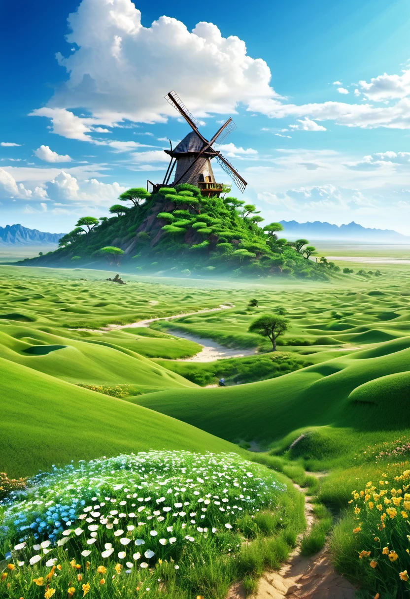 Create detailed images of vast wilderness areas and lush valleys。The backdrop is a spectacular desert and wind-formed sand dunes.、In front of it spreads a lush green grassland and flowers swaying in the breeze.。There are several windmills in the center.、It symbolizes a valley where the wind blows.。The sky is blue and white clouds、Some giant insects and airships floating around。In some of the images、By being able to see ancient ruins and giant trees,、It represents the coexistence of nature and civilization.。The overall scene is、A place that conveys the delicate coexistence of humans and the beauty of nature、It creates a tranquil yet vibrant atmosphere.。