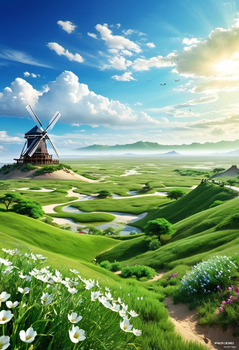 Create detailed images of vast wilderness areas and lush valleys。The backdrop is a spectacular desert and wind-formed sand dunes.、In front of it spreads a lush green grassland and flowers swaying in the breeze.。There are several windmills in the center.、It symbolizes a valley where the wind blows.。The sky is blue and white clouds、Some giant insects and airships floating around。In some of the images、By being able to see ancient ruins and giant trees,、It represents the coexistence of nature and civilization.。The overall scene is、A place that conveys the delicate coexistence of humans and the beauty of nature、It creates a tranquil yet vibrant atmosphere.。
