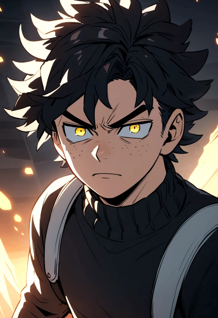 screenshot of my hero academy.  a boy with black hair and some blue strands in his hair, intense yellow eyes, freckles on his face, with a serious expression. he is wearing a black sweater.