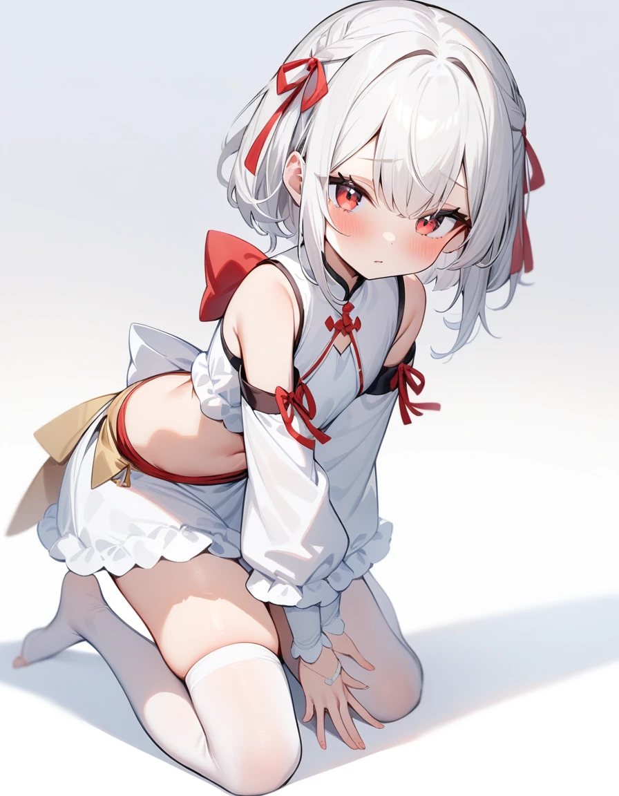(masterpiece), (best quality), simple background, kneeling, 1girl, white hair, red eyes, , white stockings, focus on feet