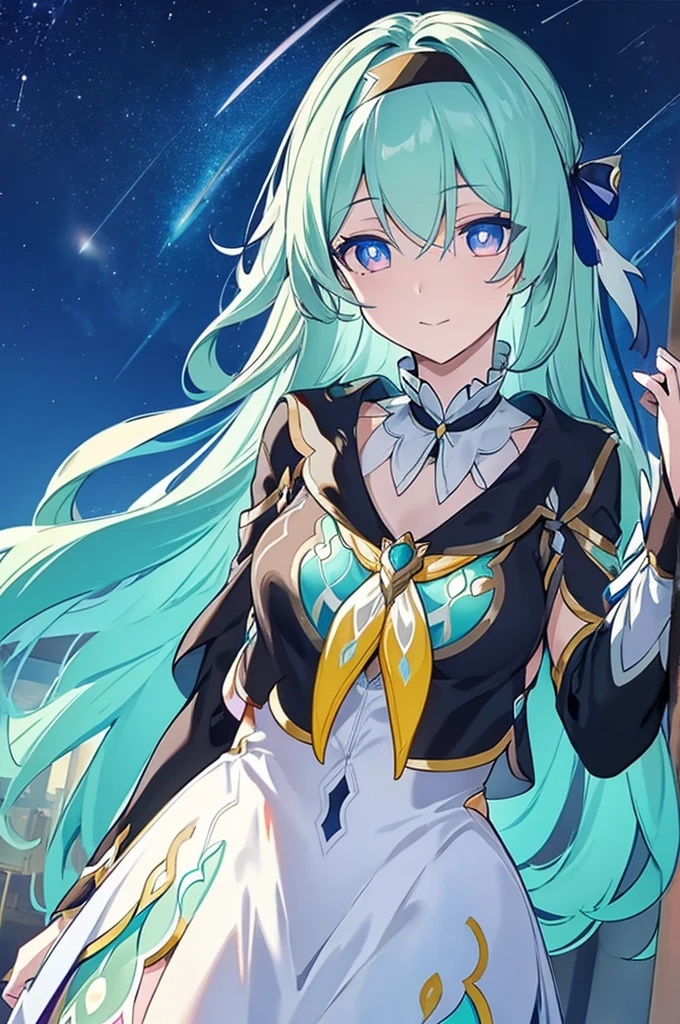 masterpiece,best quality,firefly \(honkai: star rail\), 1girl, solo, sky, star_\(sky\), looking_at_viewer, smile, long_hair, starry_sky, blue_eyes, bangs, night, hairband, night_sky, closed_mouth, white_hair, long_sleeves, black_hairband, wing_hair_ornament, hair_ornament, dress, hair_between_eyes, hews