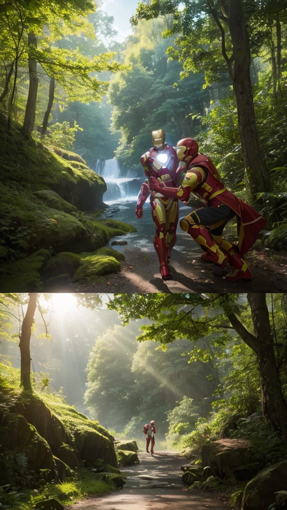 /imagine prompt: A dynamic scene of Iron Man in a Studio Ghibli inspired setting, carefully lifting an elderly woman to safety from a perilous situation. The background includes a picturesque, lush forest with sunlight filtering through the trees. Created using: digital painting, natural light, vibrant colors, Ghibli aesthetics, hd quality, crisp details, soft focus on background --ar 16:9 --v 6.0