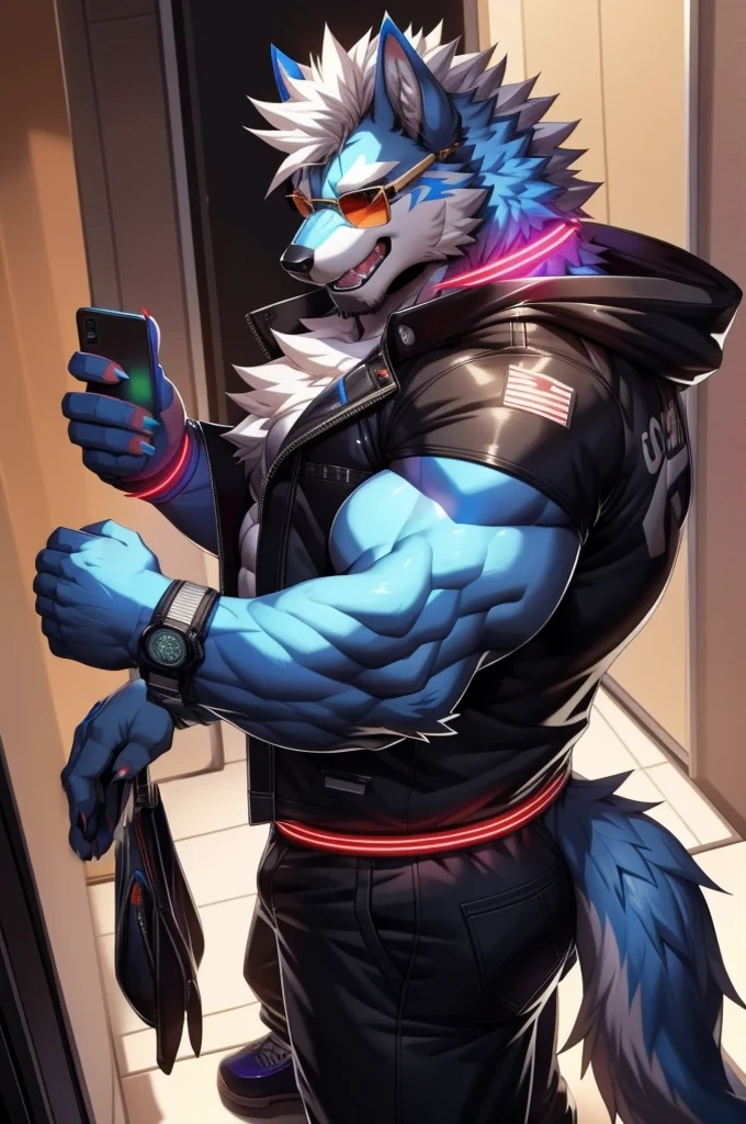 solo, anthro, furry, furry male, wolf, ((fluffy fur, fluffy, furry body)), (wolf print), red eyes, hair tuft, long hair, (light blue body, blue body, muscles), wolf tail, ((white hair, mohawk hair)), (white muzzle, white forearms), Camera Recording POV, Camera POV, security footage pov, phone in hand, detailed fluffy fur, detailed face, detailed eyes, y arctic coat, black coat, black coat cropped, puffat, winter coat, cropped coat, sunglasses, aviator sunglasses, black trousers, gold earring, tight clothes, white shoes, black aviator sunglasses, smaller arms (full body, round ass, flu ass, Red LElowing collar), cyberpunk, valorant,(by DRKS, by raccoon21, by Sollyz, by null-ghost, masterpiece, high quality,hi res,8k hd), close-view portrait, looking at viewer, indoors, changing room, clothing store, cute face, open mouth, teeth, detailed teeth, grinning expression, camera view angled from above, heavy shadows, athletic build, full body,