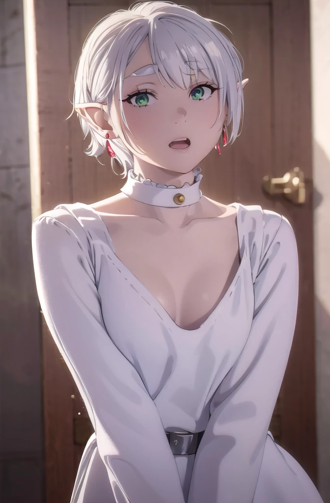 1girl, Frieren, (masterpiece:1.3), (high resolution), (extremely detailed),perfect face, nice eyes and face, (best quality), (super detailed), detailed face and eyes, (solo), textured skin, absurdres, highres, wz_sousou_no_frieren_style, wz_sousou_no_frieren_style, twintails, very long hair, silver hair, pointy ears, elf, white capelet, green eyes, black pantyhose, earrings, white skirt, belt, white sleeves, pov, selfie, butterfly, grass, stone street