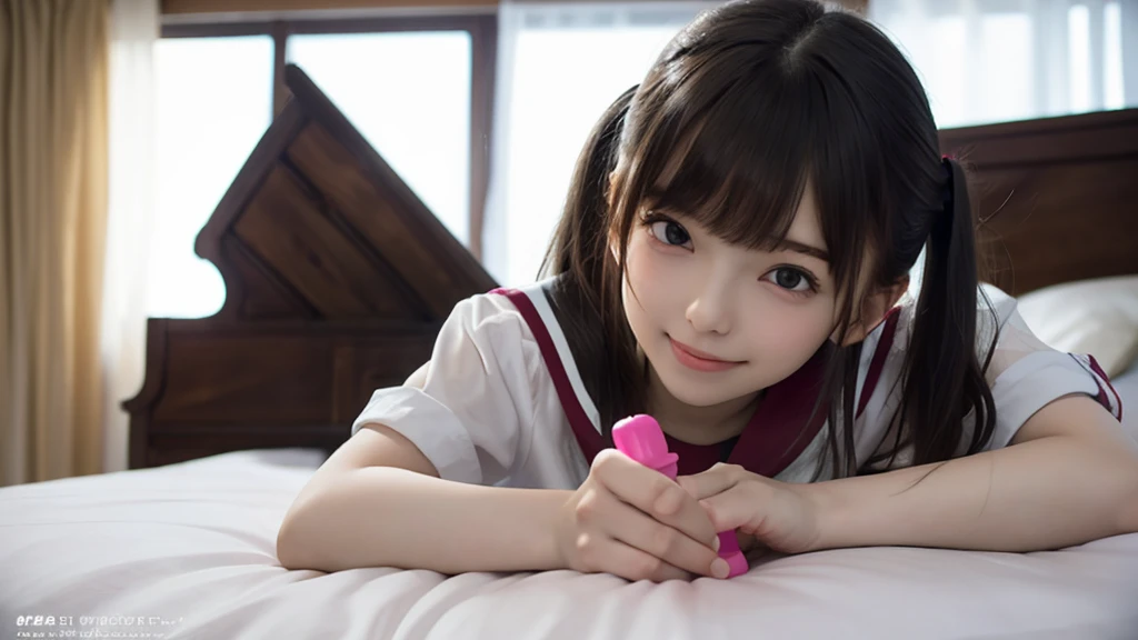 (masterpiece, best quality:1.2), 8k, official art, raw photo, incredibly absurdres, 1girl,,(loli:1.0),(s brests:1.2),(skinny:1.2),high school student,beautiful girl,(short ponytails:1.2),akb48,nogizaka46, 1girl, solo, looking at viewer, (smile:1.2), bangs, black hair, sitting, ponytail, sky, (dildo:1.2), day, indoors, window, bed, on bed, curtains, ,bedroom,dildo,handjob,(serafuku:1.4), pov,