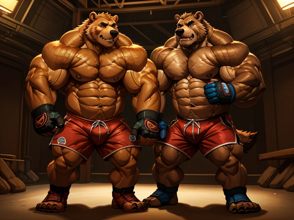 a highly detailed of a thick muscular grizzly bear and a muscular husky dog fighting in an MMA style, both shirtless and topless wearing shorts and fighting gloves, cinematic lighting, dynamic composition, vibrant colors, intricate details, hyper-realistic, 4k, masterpiece