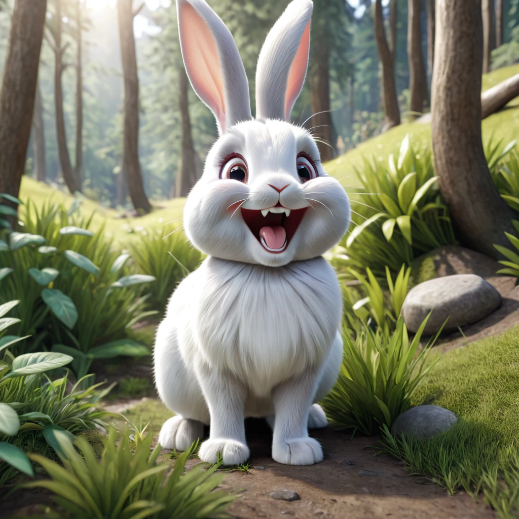 In the wilderness, a rabbit can be seen laughing wildly, 3D rendering, photo realistic