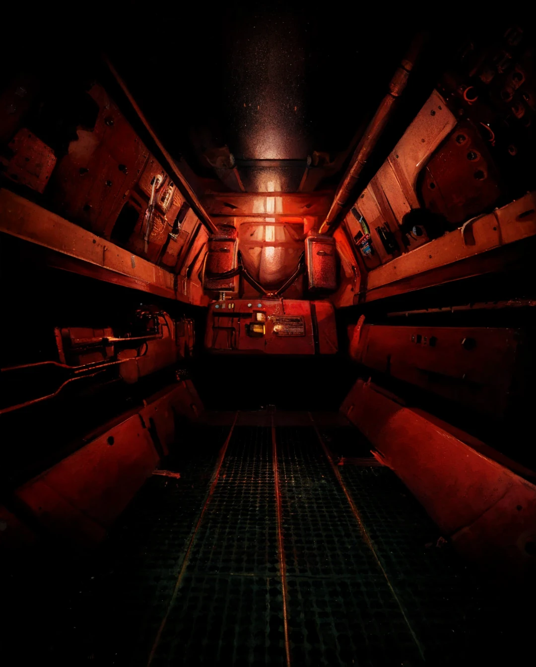 Anthro dragon wearing orange jumpsuit in submarine, rusted metal, no windows, small submarine, tight space, old fashioned submarine, deep ocean, blood ocean, red water, exhausted expression, vhs effect, detailed, realistic, by zackary911, by chunie, serious expression, high quality, highest quality, red metal, copper, steampunk, horror, dark red lighting, dark lighting, no sunlight, solo, one view, standing, angular submarine, old technology, small submarine, claustrophobic