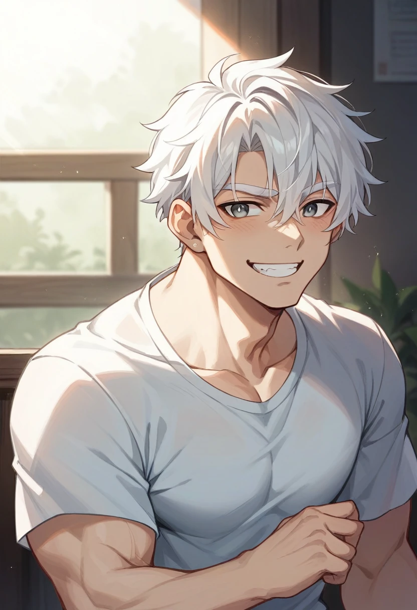 double eyelid、male、Muscular、Foreigners、White skin、smile、Smiling with teeth showing、White Hair、Set hairstyle、T-Shirts、Under the blazing sun、sunlight、summer、Dazzling、20th Generation、Bony face、tall、White eyebrows