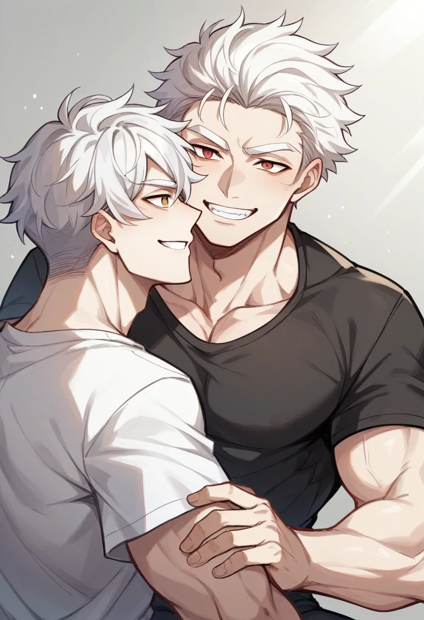 double eyelid、male、Muscular、Foreigners、White skin、smile、Smiling with teeth showing、White Hair、Set hairstyle、T-Shirts、Under the blazing sun、sunlight、summer、Dazzling、20th Generation、Bony face、tall、White eyebrows