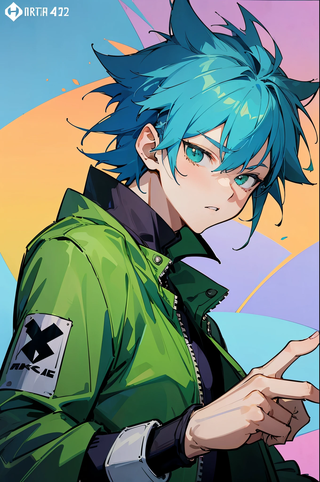 a cartoon girl with a green jacket and blue hair pointing up, trigger anime artstyle, high quality anime artstyle, in an anime style, anime boy, in anime style, anime style character, anime artstyle, epic anime style, anime moe artstyle, anime style portrait, 2 d anime style, male anime style, high quality fanart, anime art style
