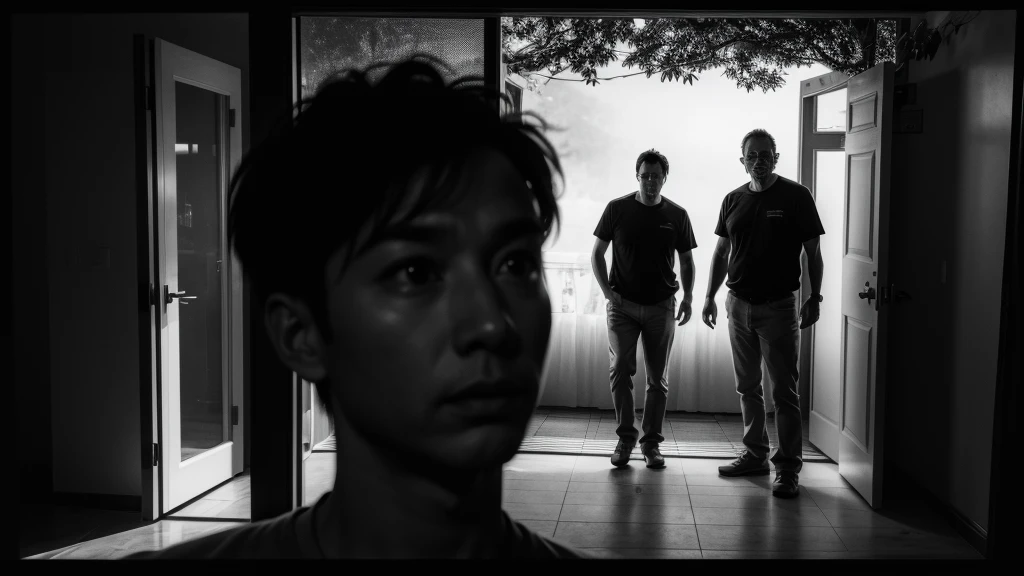 A middle-aged man in his late 30s, . Style of litho film monochrome silhouette horror