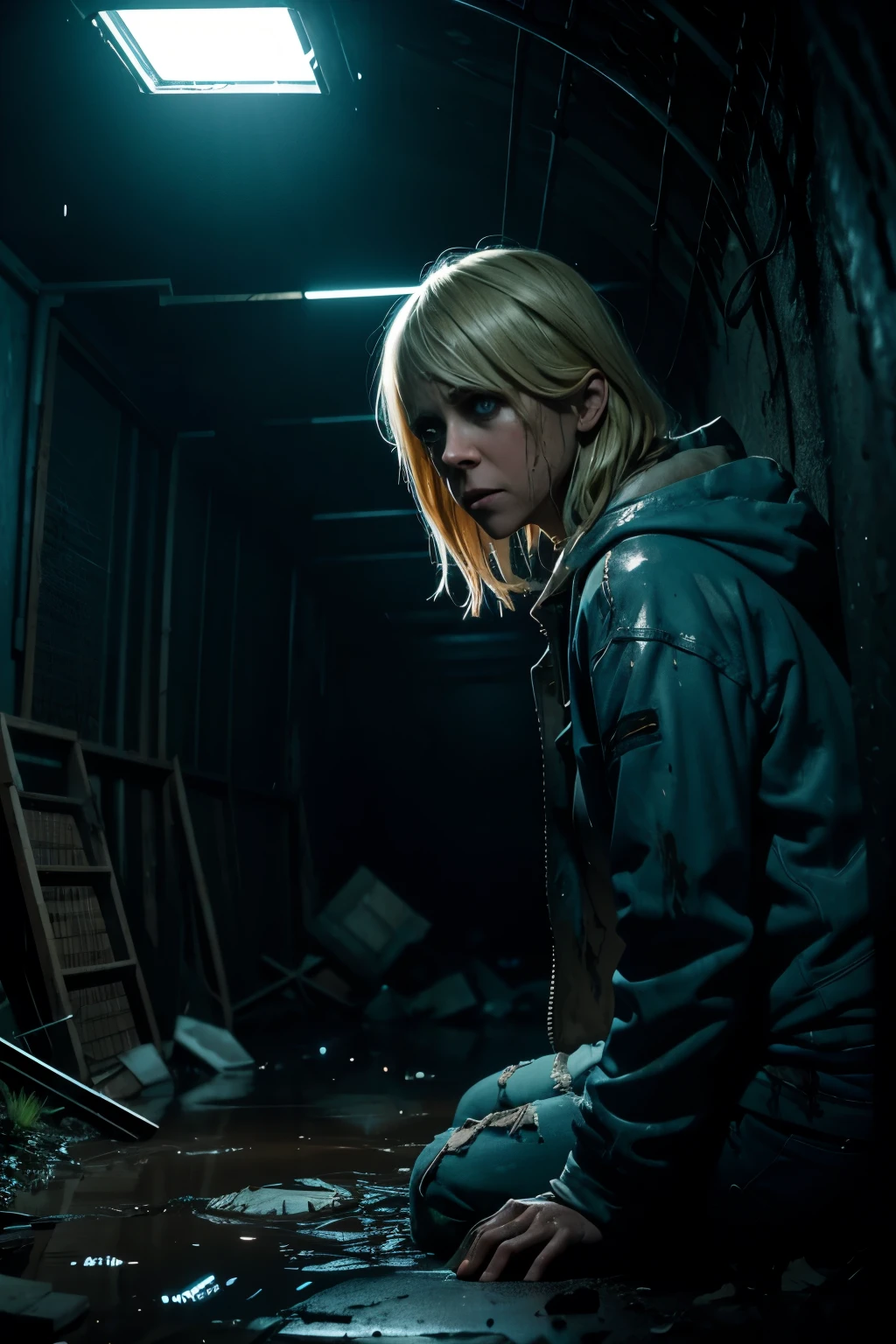 Blonde terrified Kristen Wiig in torn up ruined clothes in creepy blue lighting Night in abandoned sci fi lab tunnel, muddy ground, nighttime, clear white skin, wet and muddy, scratches everywhere, face dirty photography, natural light, photorealism, cinematic rendering, ray tracing, the highest quality, the highest detail, Cinematic, Third-Person View, Blur Effect, Long Exposure, 8K, Ultra-HD, Natural Lighting, Moody Lighting, Cinematic Lighting Hide