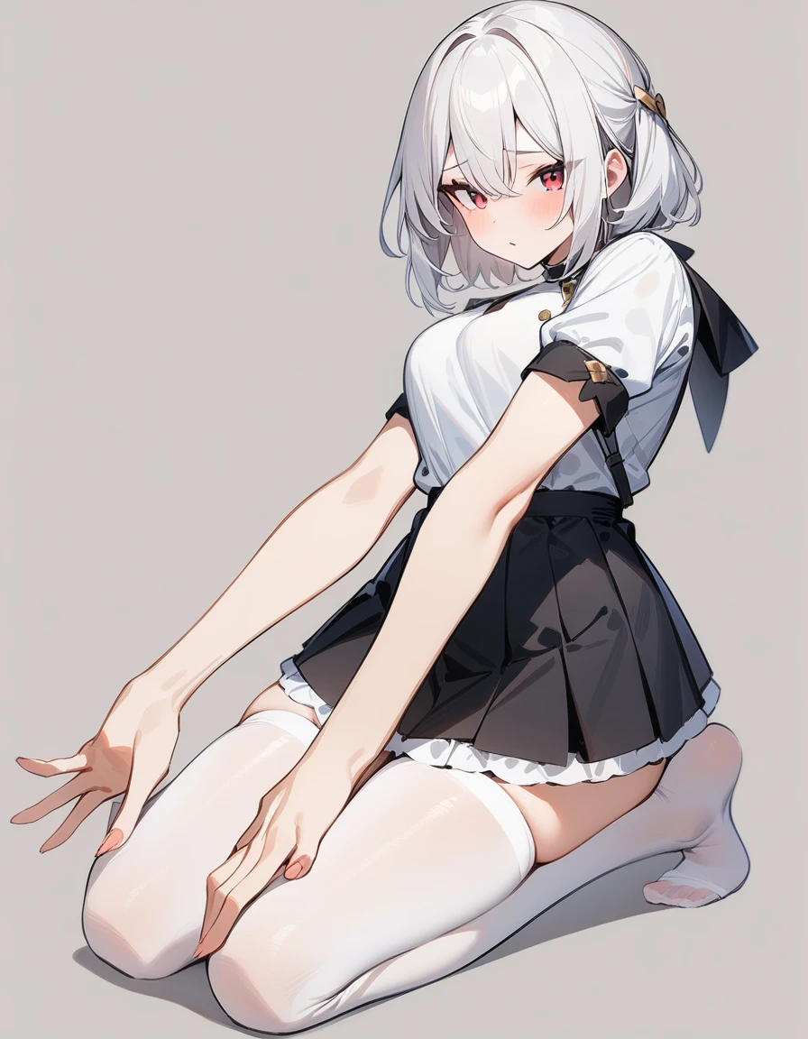 (masterpiece), (best quality), simple background, kneeling, 1girl, white hair, red eyes, white stockings, focus on feet