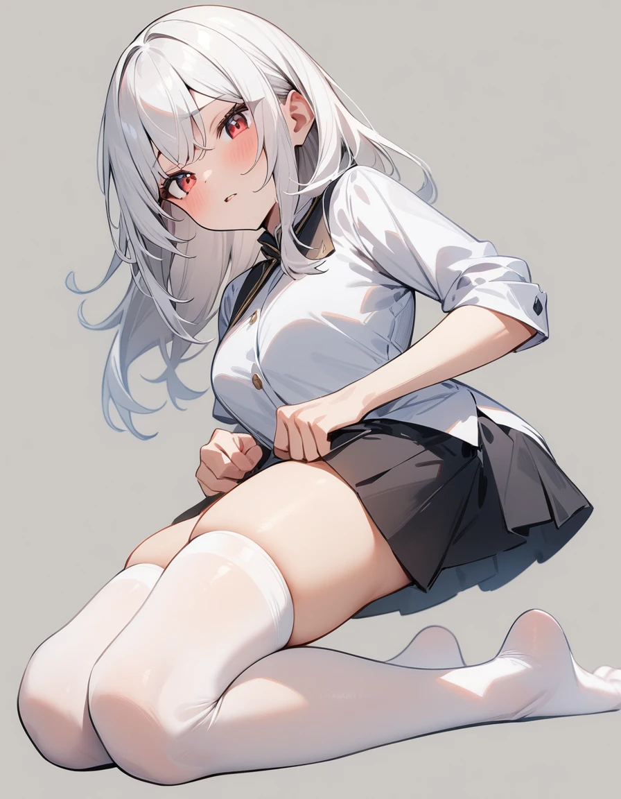 (masterpiece), (best quality), simple background, kneeling, 1girl, white hair, red eyes, white stockings, focus on feet