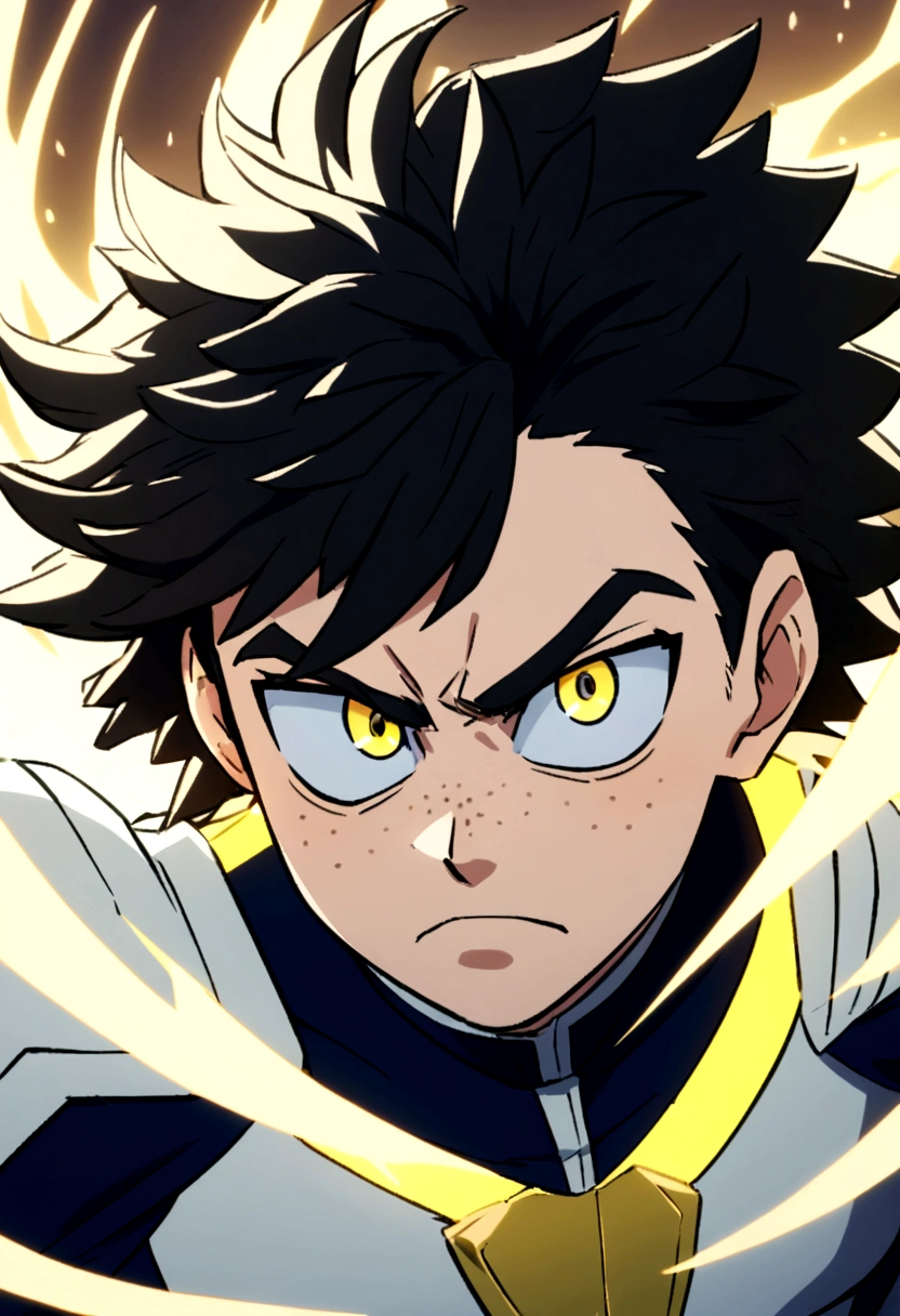 screenshot of my hero academy.  a boy with black hair and some blue strands in his hair, intense yellow eyes, freckles on his face, with a serious expression. 