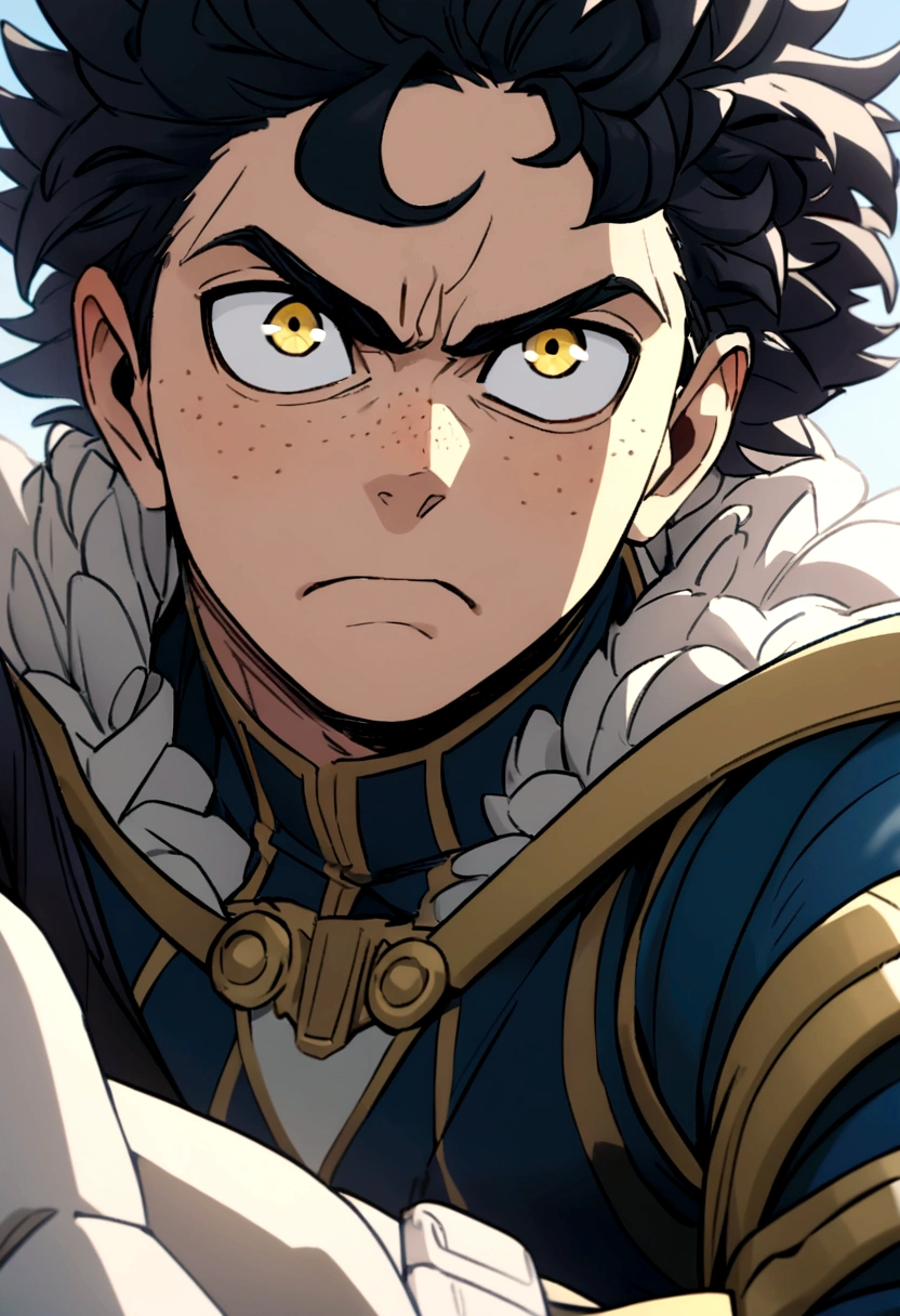 screenshot of my hero academy. a boy with black hair and some blue strands in his hair, intense yellow eyes, freckles on his face, with a serious expression.