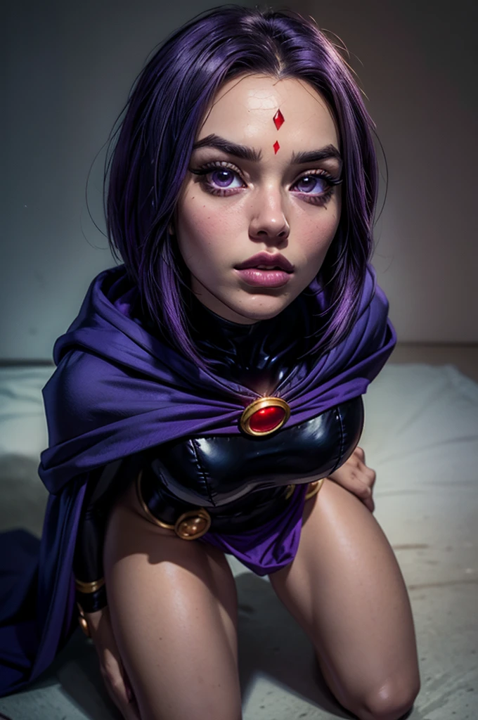 Raven, Teen Titans Raven, slender slim body, skinny waist, arched back, pale grey skin, red gemstone in the centre of her forehead, looking at viewer, seductive, (realistic), (masterpiece), (highly detailed face), thick eyebrows, big juicy purple lips, lip filler, cheekbones, defined face, sharp nose, attractive, ((kneeling, looking up at viewer, needy expression, begging)), ((wrapped in a dark purple cloak)), ((wearing teen titans raven costume))