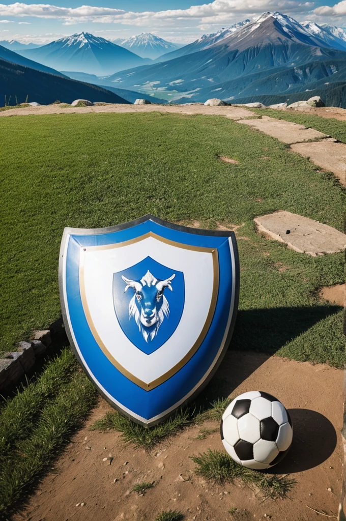 Soccer shield of a goat and a mountain behind 