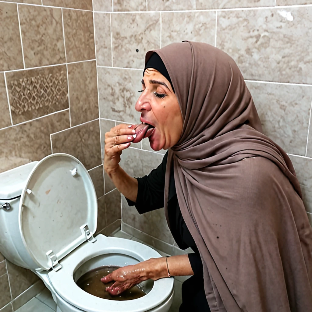 Kurdish mature older Woman in hijab licking the toilet with her tongue in bathroom view from side back top dirty toilet