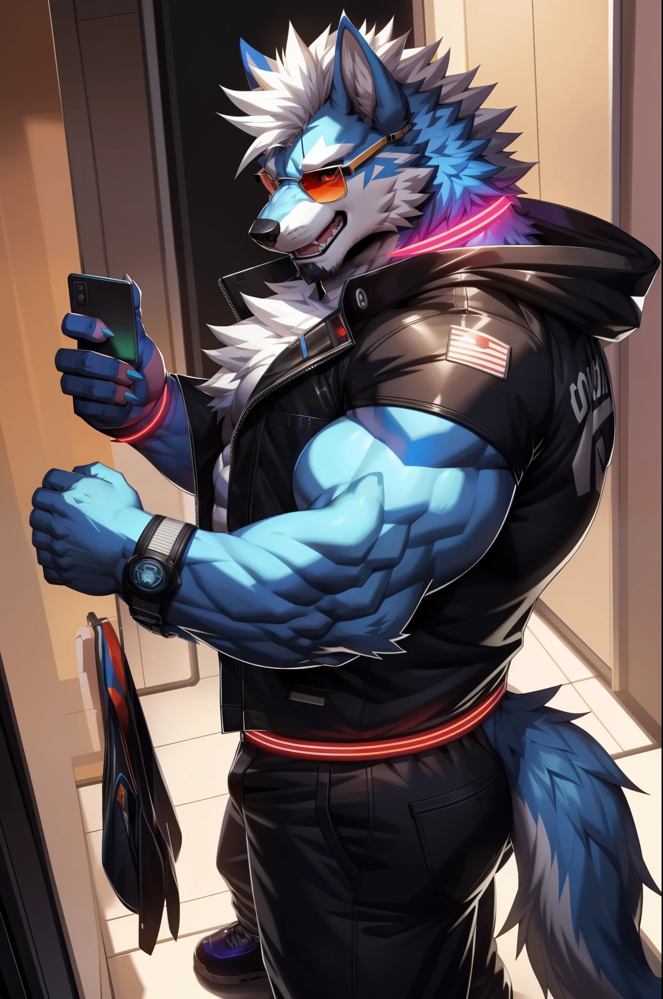 solo, anthro, furry, furry male, wolf, ((fluffy fur, fluffy, furry body)), (wolf print), red eyes, hair tuft, long hair, (light blue body, blue body, muscles), wolf tail, ((white hair, mohawk hair)), (white muzzle, white forearms), Camera Recording POV, Camera POV, security footage pov, phone in hand, detailed fluffy fur, detailed face, detailed eyes, puffy arctic coat, black coat, black coat cropped, puffy coat, winter coat, cropped coat, sunglasses, aviator sunglasses, black trousers, gold earring, tight clothes, white shoes, black aviator sunglasses, smaller arms (full body, round ass, fluffy ass, Red LED glowing collar), cyberpunk, valorant,(by DRKS, by raccoon21, by Sollyz, by null-ghost, masterpiece, high quality,hi res,8k hd), close-view portrait, looking at viewer, indoors, changing room, clothing store, cute face, open mouth, teeth, detailed teeth, grinning expression, camera view angled from above, heavy shadows, athletic build, full body,