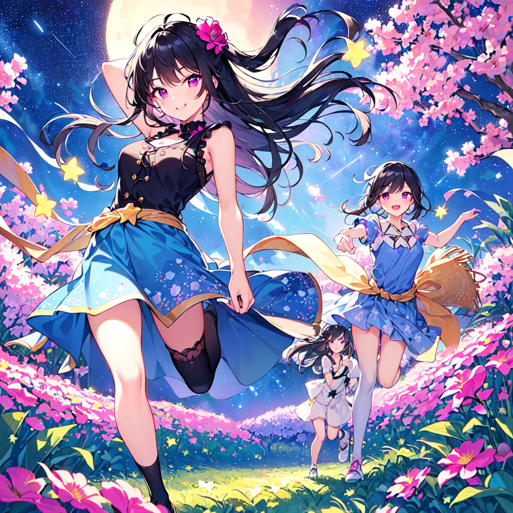 masterpiece, best quality, high quality, extremely detailed, very delicate and beautiful, (1 female 18 years old solo:1.2), (long black hair up to waist with two side up:1.4), bangs to eyebrows, eyes (eyes sharp, strong glossy glossy eyes, eyebrows glossy, (eye color magenta:1.3), 6.5 head height, (southern star flower and star summer print fashion:1.3), knee socks, ruffles, lace, (smiling), (running), (dynamic pose), (background southern star flower field: 1.3),(night sky starry sky: 1.3)
