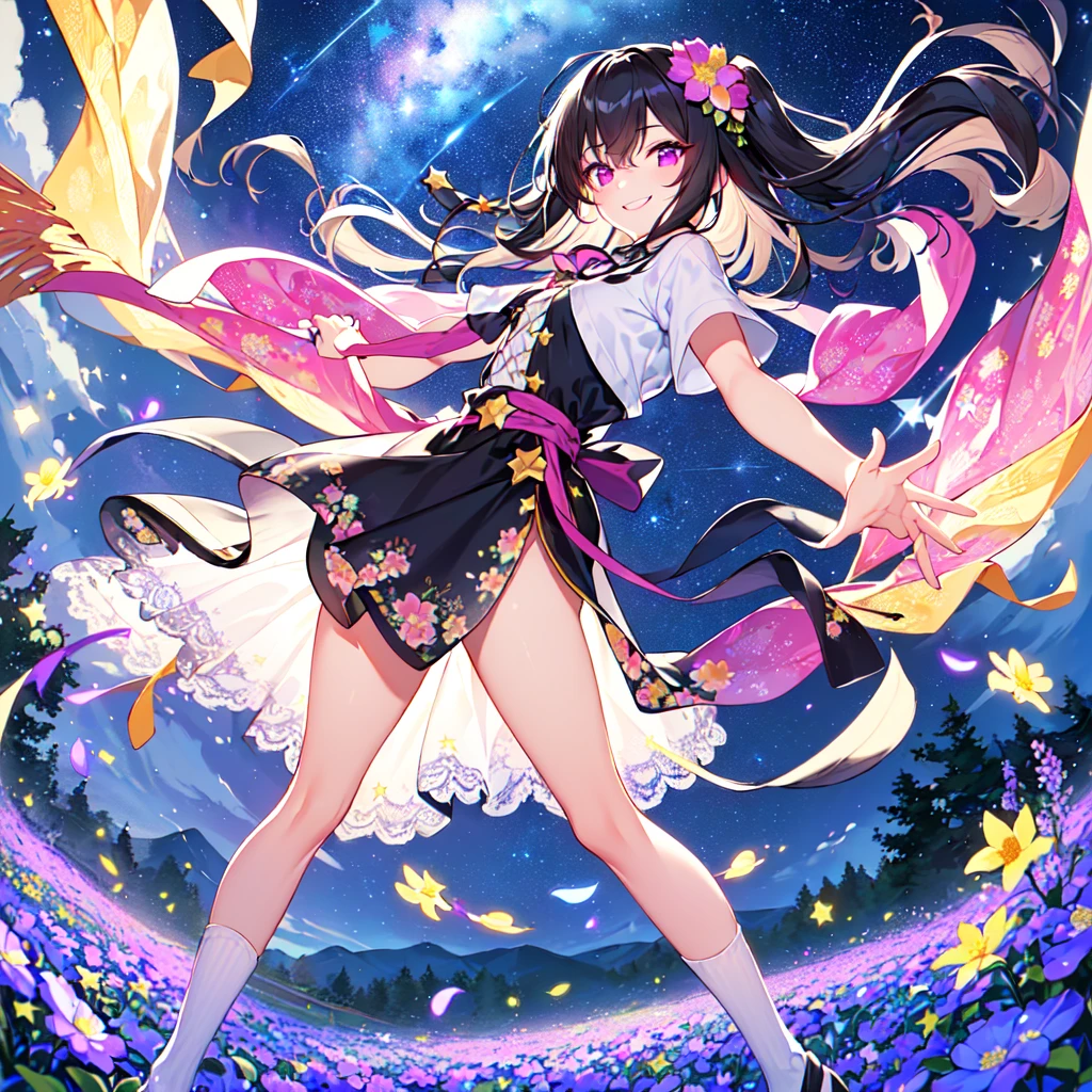 masterpiece, best quality, high quality, extremely detailed, very delicate and beautiful, (1 female 18 years old solo:1.2), (long black hair up to waist with two side up:1.4), bangs to eyebrows, eyes (eyes sharp, strong glossy glossy eyes, eyebrows glossy, (eye color magenta:1.3), 6.5 head height, (southern star flower and star summer print fashion:1.3), knee socks, ruffles, lace, (smiling), (running), (dynamic pose), (background southern star flower field: 1.3),(night sky starry sky: 1.3)