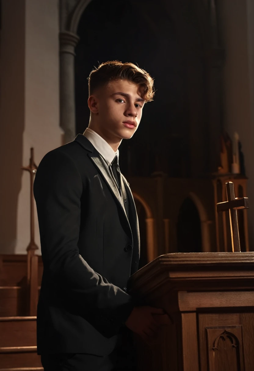 a sexy 18 year old man with an erect penis behind a church pulpit, public, detailed realistic portrait, dramatic lighting, cinematic composition, ultra-detailed, 8k, photorealistic, sharp focus, hyper detailed, chiaroscuro, dramatic lighting, dramatic atmosphere