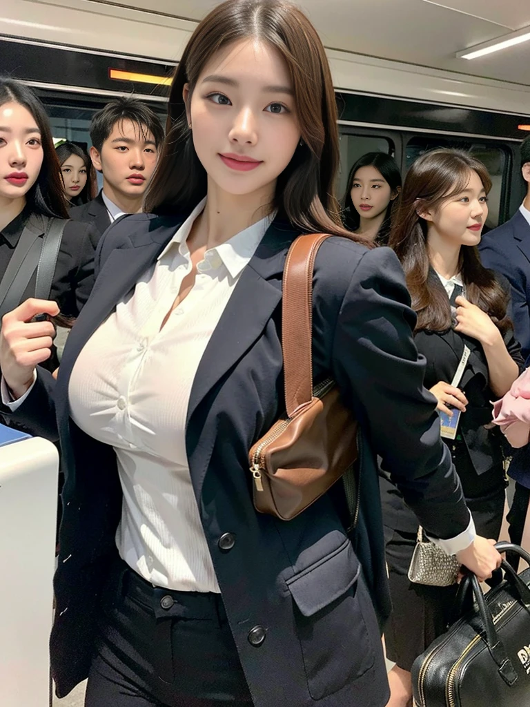 (A gorgeous beauty carrying a commuter bag takes a commemorative photo:1.2)(grin,smile:1.1)(Beautiful Sweat:1.1)(16k, RAW Photos, Highest quality, masterpiece: 1.2),(Elegant hairstyle with glossy brown hair:1.2) Super detailed, Super Resolution, (Genuine, Genuine photos: 1.37), Portraiture, High-resolution RAW color photos, Professional photos, Very detailed, 8k wallpaper, Very detailed CG Unity 8k wallpaper, Very detailed beautiful girls, Very detailed faces, ((whole body)), beautiful woman, Huge breasts,(huge boobs:1.1) (Big Boobs:1.1), beautiful (Tight suit),high school girl, Korean Girls,(K-POP Female Idols), (Idol-class beauty)(Beautiful:1.1)(Inside the route bus)(30 years old)(Office lady outfit:1.1)(Commuting photos:1.2)gal,japanese gal(Commuting Photos:1.1)(from side)