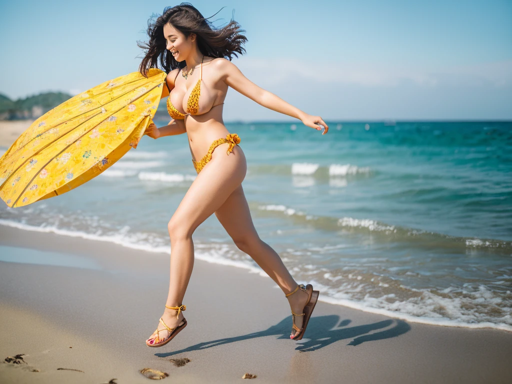 Hand in hand、Running in flip flops、Towards the ocean waves、(Sunflower Hair Ornament)、A beautiful 22-year-old woman with short hair and long brown hair fluttering in the wind,  ((Beach sandals))、, photographed from head to toe on a seaside with 3 other women in bikini swimwear, the best proportions, (big breasts:1.5), The morning sun shines, photorealistic, 4k, different hairstyles, facial variations.Reflecting your feet、