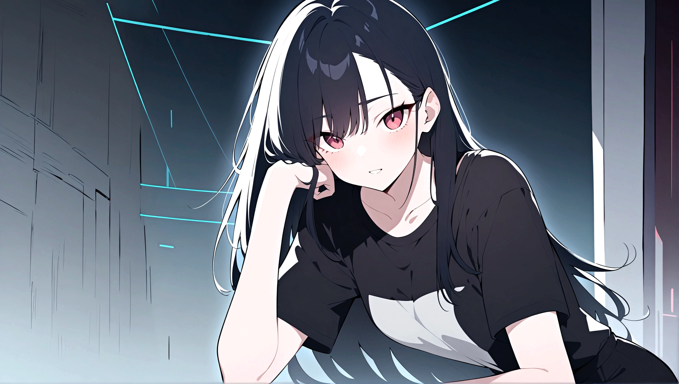 1girll,utmost+Beautiful+meticuloso_the face,utmost+Beautiful+meticuloso_The eye,The upper part of the body,closeup cleavage,cyberpunk backgrouns,sketching,solidcolor,A woman in a black shirt and black dress,Minimalist style,Wear elegant casual clothing,Bootilk and black style,Black eyeodern and stylish dress,Casual modern clothing,inspo , Anime,Blackn clothes, a black skirt, Neutral tones, Black and white color scheme, leisure wear, Scary face,, 22 year old, adult face, Long hair, ((Black hair))