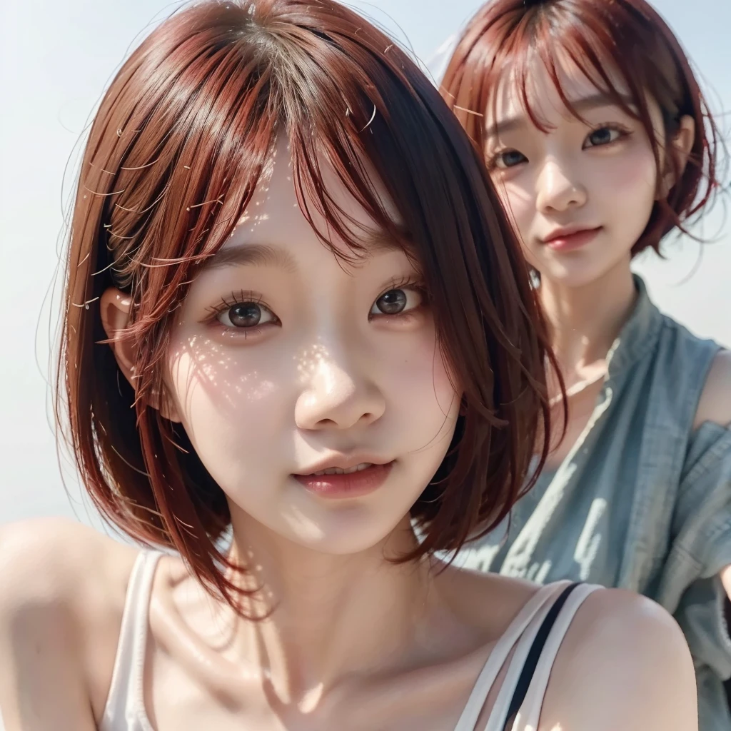 Wonyoung, red hair, simple background, asian, portrait, 1 girl, short hair, selfie