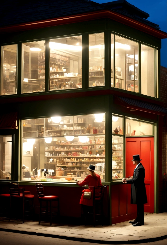 Night + brilliant interior of cheap restaurant. Bright items: cherry wood counter + tops of surrounding stools; light on metal tanks at rear right; brilliant streak of jade green tiles 3⁄4 across canvas—at base of glass of window curving at corner. Light walls, dull yellow ocre 〔Mom〕 door into kitchen right. Very good looking blond boy in white (coat, cap) inside counter. Girl in red blouse, brown hair eating sandwich. Man night hawk (beak) in dark suit, steel grey hat, black band, blue shirt (clean) holding cigarette. Other figure dark sinister back—at left. Light side walk outside pale greenish. Darkish red brick houses opposite. Sign across top of restaurant, dark—Phillies 5¢ cigar. Picture of cigar. Outside of shop dark, green. Note: bit of bright ceiling inside shop against dark of outside street—at edge of stretch of top of window.