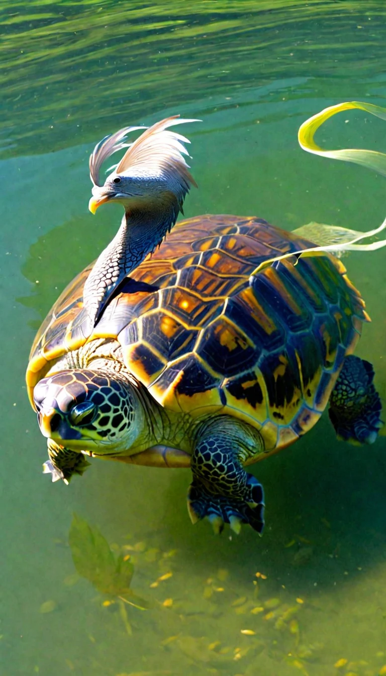 There are many magical turtles living at the bottom of the river，Its shape is no different from that of a turtle.，But it was a bird&#39;s eye view but a snake&#39;s tail，Mysterious Creatures, shrike, (best quality，4k，8k，High level，masterpiece：1.2），Ultra Detailed，（lifelike，Photo real，Photo real：1.37），Highly detailed animals，Complex patterns，Dramatic lighting，Fantasy Creatures