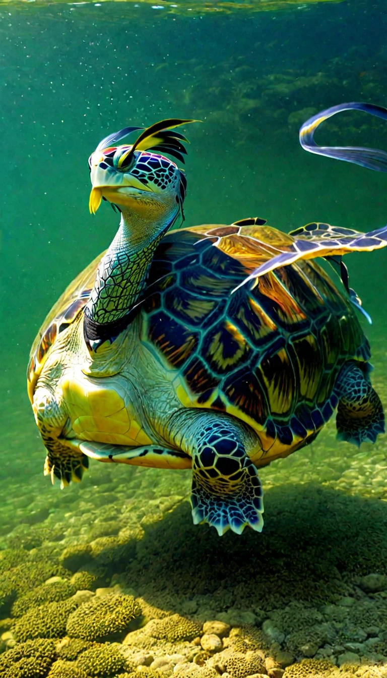 There are many magical turtles living at the bottom of the river,Its shape is no different from that of a turtle.,But it was a bird's eye view but a snake's tail,Mysterious Creatures, shrike, (best quality,4k,8k,High level,masterpiece:1.2),Ultra Detailed,(lifelike,Photo real,Photo real:1.37),Highly detailed animals,Complex patterns,Dramatic lighting,Fantasy Creatures