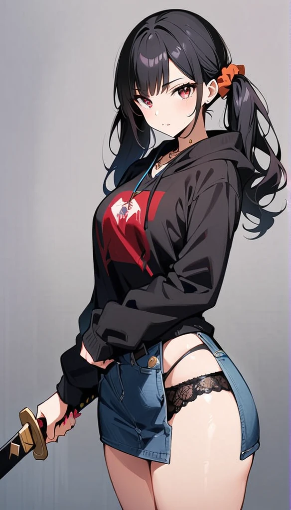 masterpiece, Highest quality, pretty girl, 16 , Scrunchie hair ornament, Twin tails,denim pencil mini skirt,hoodie, Patterned stockings, Leg belt, necklace, skinny , Pink and black bra,((showing off lace panties)),sword,knife,Japan holding a sword,assassin,