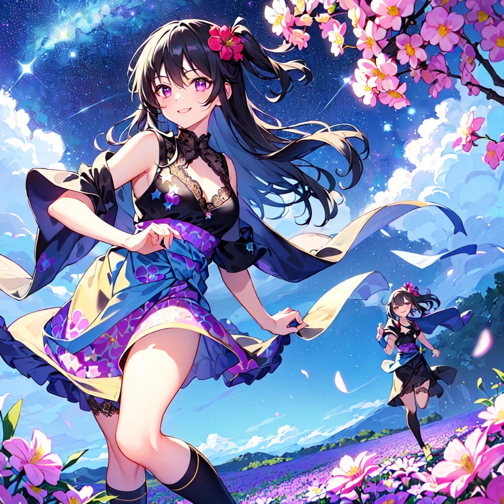 masterpiece, best quality, high quality, extremely detailed, very delicate and beautiful, (1 female 18 years old solo:1.2), (long black hair up to waist with two side up:1.4), bangs to eyebrows, eyes (eyes sharp, strong glossy glossy eyes, eyebrows glossy, (eye color magenta:1.3), 6.5 head height, (southern star flower and star summer print fashion:1.3), knee socks, ruffles, lace, (smiling), (running), (dynamic pose), (background southern star flower field: 1.3),(starry sky: 1.3)