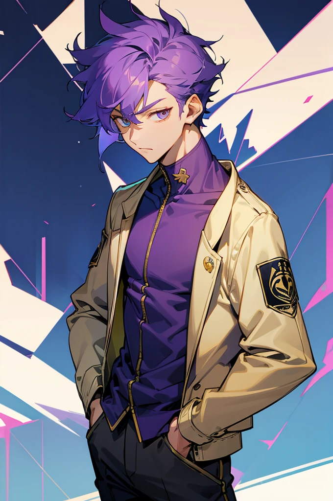 solo, handsome, 1 male, short hair, blue and purple color hair, golden eyes, hands in pocket
