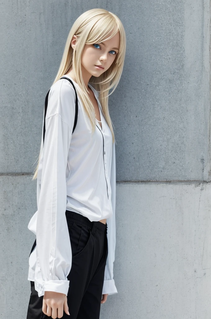 character design, es una personaje de anime de cuerpo completo, blonde with light blue eyes and a serious expression and wears loose white clothing with black pants.